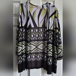 Alfred Dunner Black, White & Lime Patterned Open-front  Cardigan